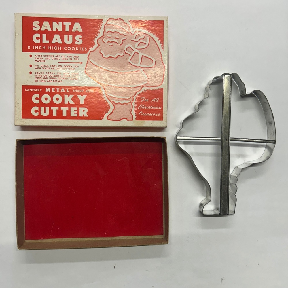 VTG 1940s Santa Metal Cookie Cutter w Box 8in‎ Christmas Kitchen Baking Collect